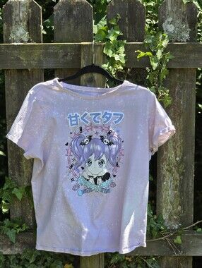 Custom Bleached Hot Topic Pastel Purple Bat Girl Anime Tee Shimmer Graphic XL